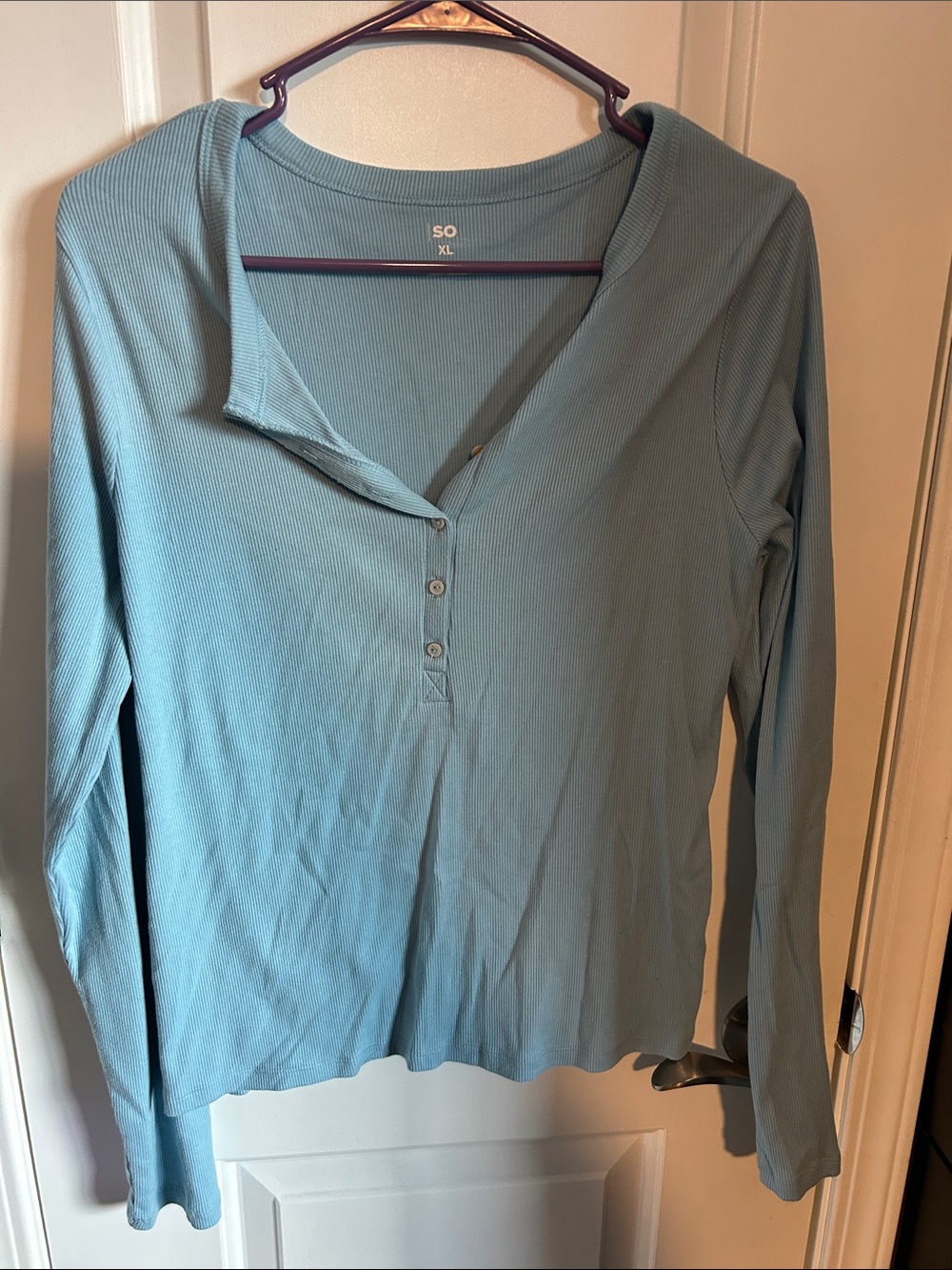SO Long-Sleeve Ribbed Henley Top in Dusty Teal Blue